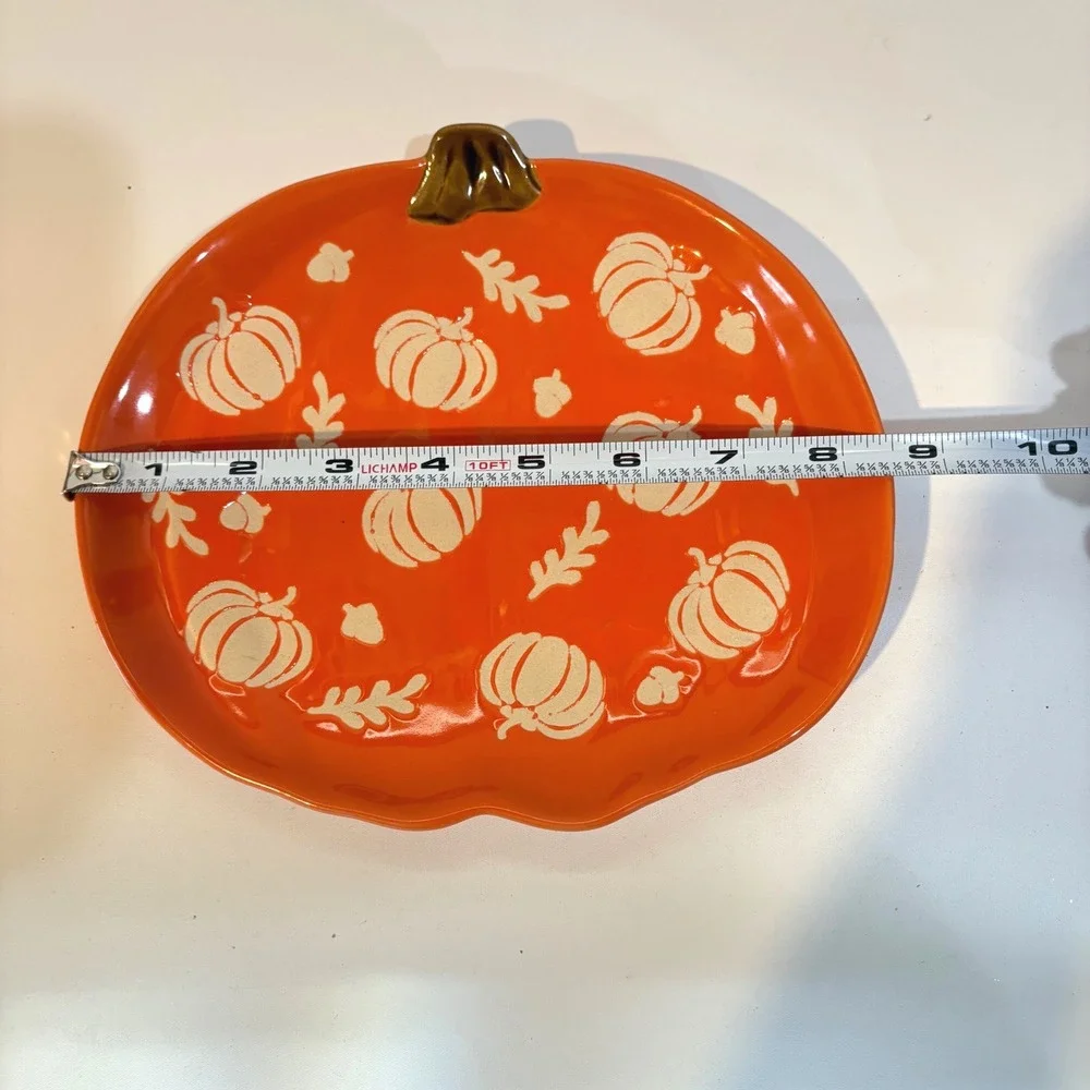 Orange Pumpkin Ceramic Serving Platter Fall Autumn Harvest Decorative Dish 9.5in